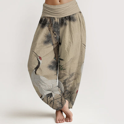 Buddha Stones Pure Cotton Casual Red-crowned Crane Pine Tree Mountain Women's Elastic Waist Harem Pants