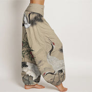 Buddha Stones Pure Cotton Casual Red-crowned Crane Pine Tree Mountain Women's Elastic Waist Harem Pants