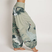 Buddha Stones Pure Cotton Casual Red-crowned Crane Pine Tree Mountain Women's Elastic Waist Harem Pants