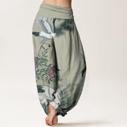 Buddha Stones Pure Cotton Casual Red-crowned Crane Pine Tree Mountain Women's Elastic Waist Harem Pants