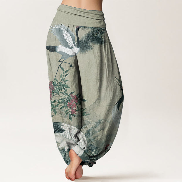 Buddha Stones Pure Cotton Casual Red-crowned Crane Pine Tree Mountain Women's Elastic Waist Harem Pants