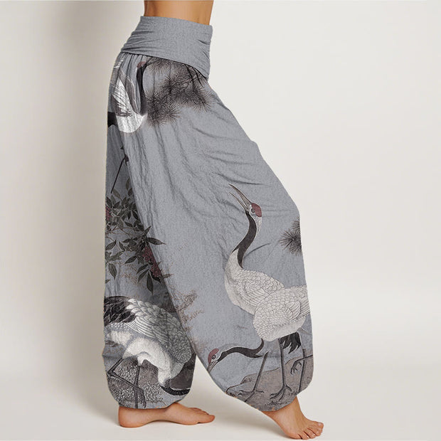Buddha Stones Pure Cotton Casual Red-crowned Crane Pine Tree Mountain Women's Elastic Waist Harem Pants