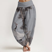 Buddha Stones Pure Cotton Casual Red-crowned Crane Pine Tree Mountain Women's Elastic Waist Harem Pants