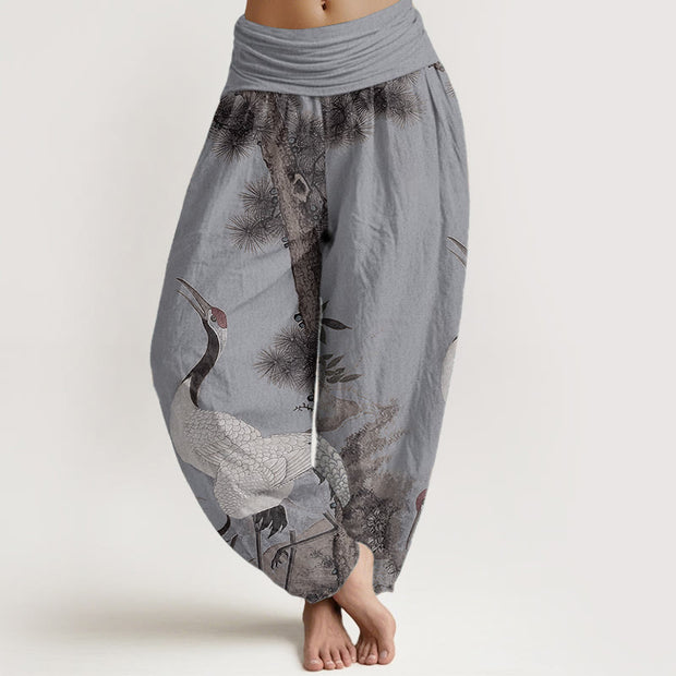 Buddha Stones Pure Cotton Casual Red-crowned Crane Pine Tree Mountain Women's Elastic Waist Harem Pants