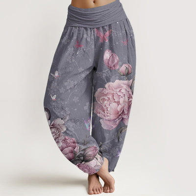 Buddha Stones Pure Cotton Casual Bright Peony Flower Butterfly Women's Elastic Waist Harem Pants