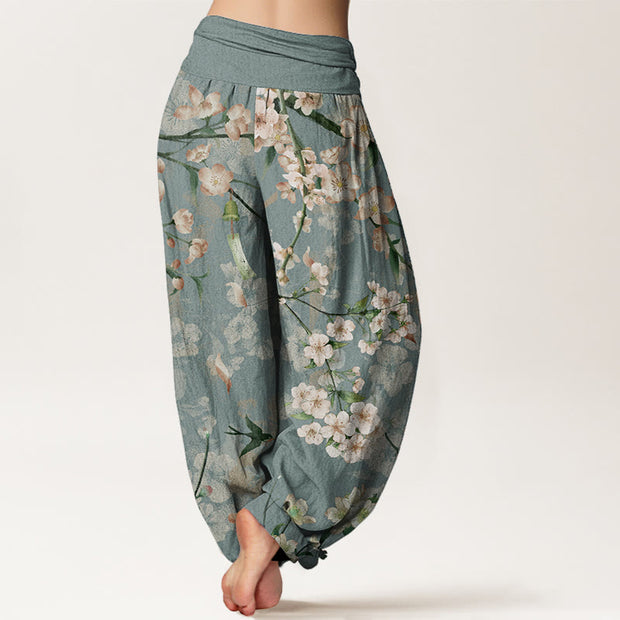 Buddha Stones Pure Cotton Peach Blossoms Flying Geese Pattern Women's Elastic Waist Harem Pants