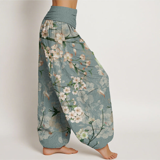 Buddha Stones Pure Cotton Peach Blossoms Flying Geese Pattern Women's Elastic Waist Harem Pants
