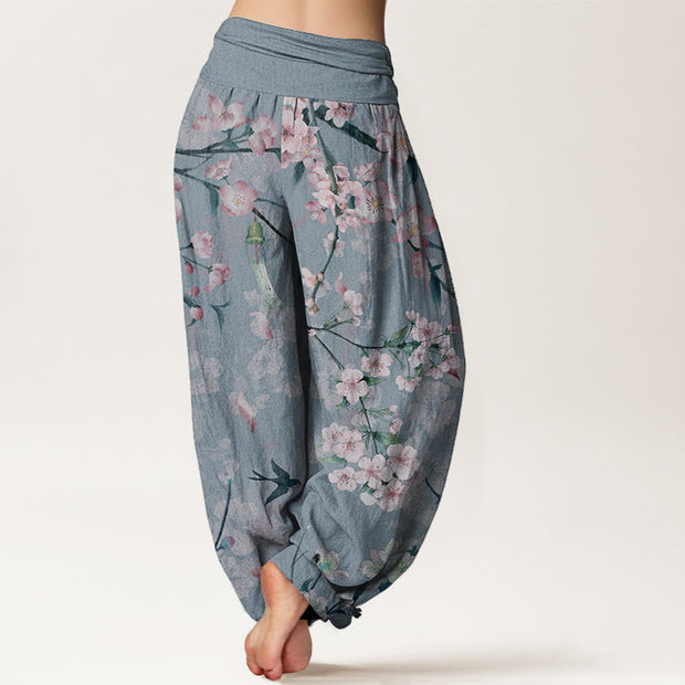 Buddha Stones Pure Cotton Peach Blossoms Flying Geese Pattern Women's Elastic Waist Harem Pants