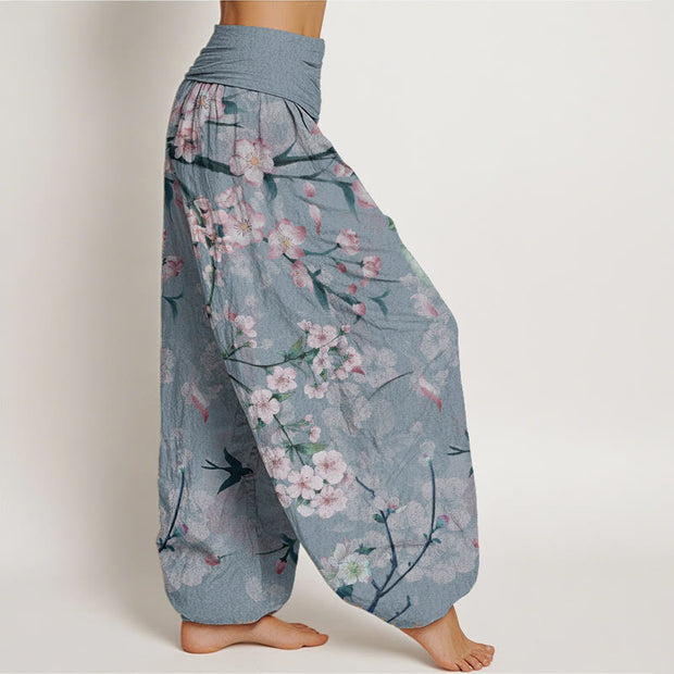 Buddha Stones Pure Cotton Peach Blossoms Flying Geese Pattern Women's Elastic Waist Harem Pants