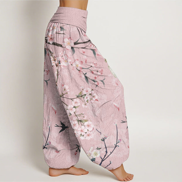 Buddha Stones Pure Cotton Peach Blossoms Flying Geese Pattern Women's Elastic Waist Harem Pants