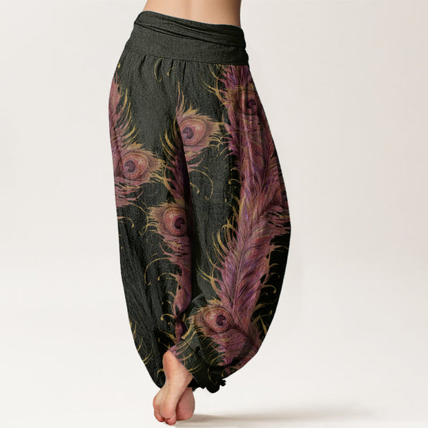 Buddha Stones Pure Cotton Bright Phoenix Pattern Women's Elastic Waist Harem Pants