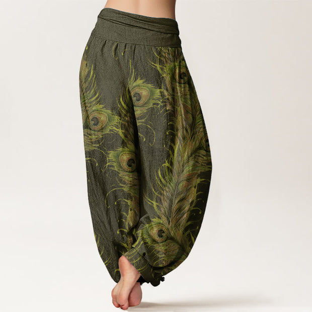 Buddha Stones Pure Cotton Bright Phoenix Pattern Women's Elastic Waist Harem Pants