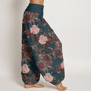 Buddha Stones Pure Cotton Casual Lush Peony Flowers Leaf Pattern Women's Elastic Waist Harem Pants