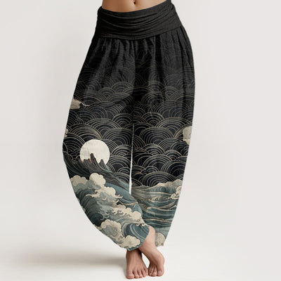 Buddha Stones Pure Cotton Casual Wave Moon Mountain Pattern Women's Elastic Waist Harem Pants