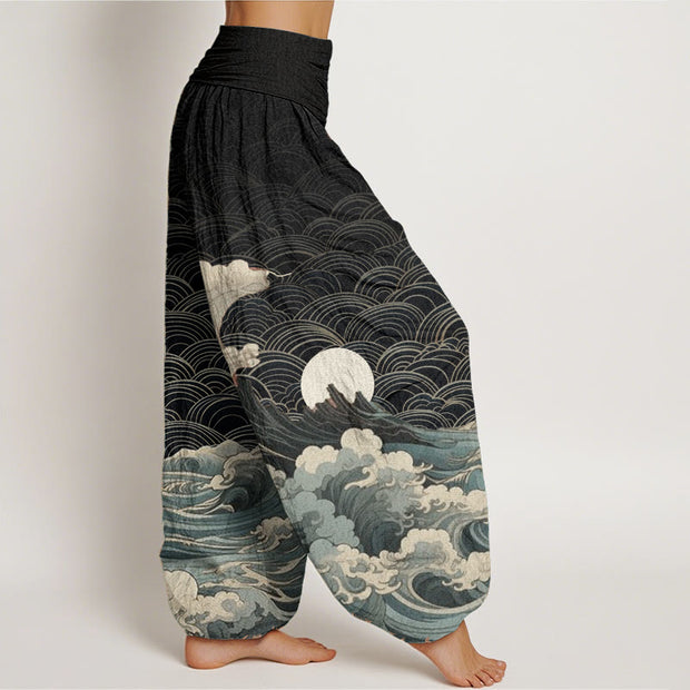 Buddha Stones Pure Cotton Casual Wave Moon Mountain Pattern Women's Elastic Waist Harem Pants