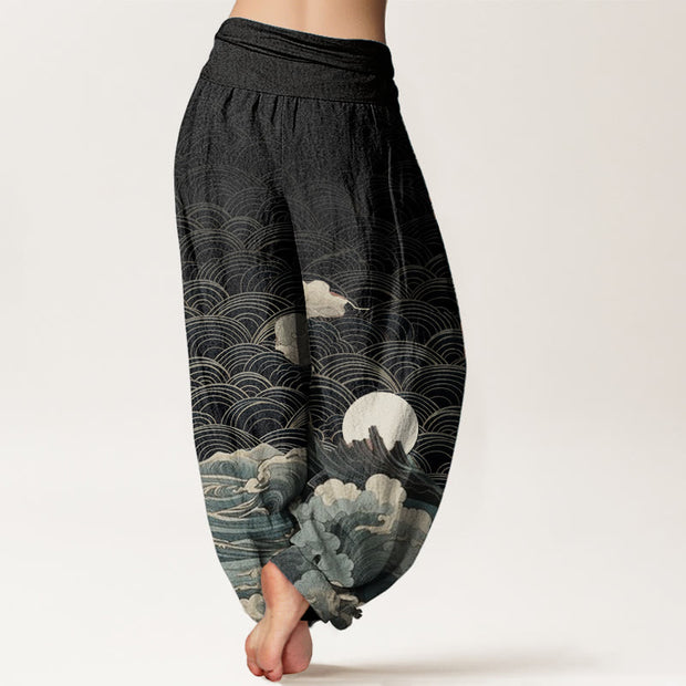 Buddha Stones Pure Cotton Casual Wave Moon Mountain Pattern Women's Elastic Waist Harem Pants