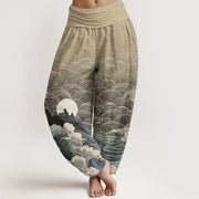 Buddha Stones Pure Cotton Casual Wave Moon Mountain Pattern Women's Elastic Waist Harem Pants