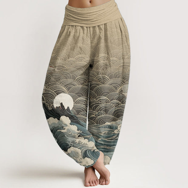 Buddha Stones Pure Cotton Casual Wave Moon Mountain Pattern Women's Elastic Waist Harem Pants