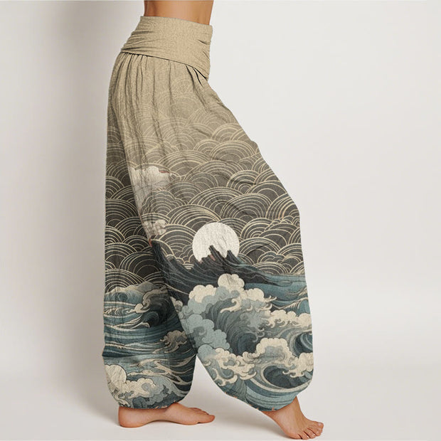Buddha Stones Pure Cotton Casual Wave Moon Mountain Pattern Women's Elastic Waist Harem Pants