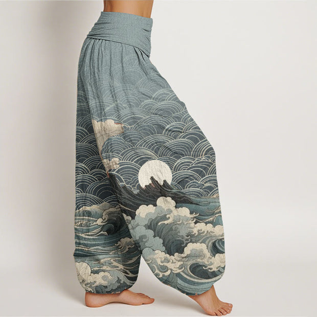 Buddha Stones Pure Cotton Casual Wave Moon Mountain Pattern Women's Elastic Waist Harem Pants