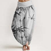 Buddha Stones Pure Cotton Casual Bamboo Leaves Dragonfly Pattern Women's Elastic Waist Harem Pants