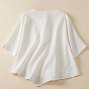Buddha Stones Casual Flower Colorful Frog Button Half Sleeve Cotton Linen Women's Shirt