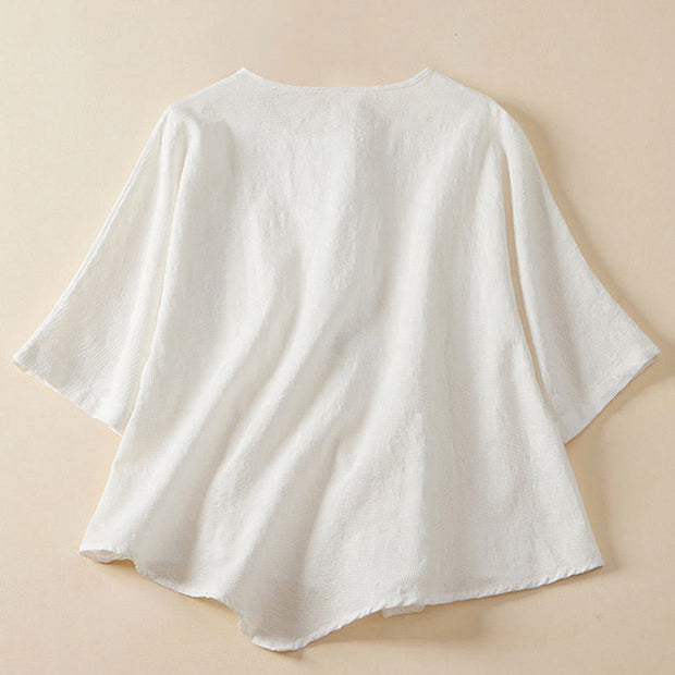 Buddha Stones Casual Flower Colorful Frog Button Half Sleeve Cotton Linen Women's Shirt