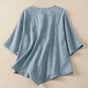 Buddha Stones Casual Flower Colorful Frog Button Half Sleeve Cotton Linen Women's Shirt