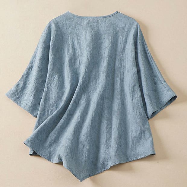 Buddha Stones Casual Flower Colorful Frog Button Half Sleeve Cotton Linen Women's Shirt