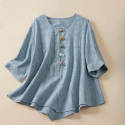 Buddha Stones Casual Flower Colorful Frog Button Half Sleeve Cotton Linen Women's Shirt
