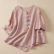 Buddha Stones Casual Flower Colorful Frog Button Half Sleeve Cotton Linen Women's Shirt