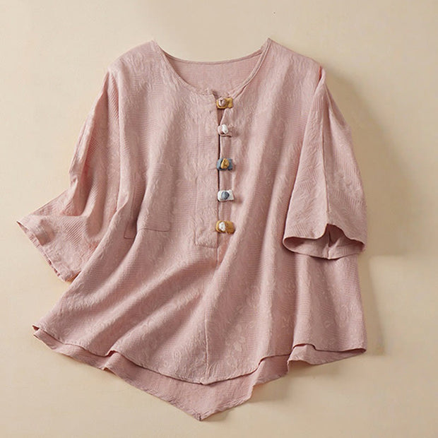 Buddha Stones Casual Flower Colorful Frog Button Half Sleeve Cotton Linen Women's Shirt