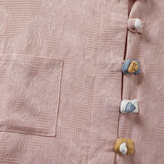 Buddha Stones Casual Flower Colorful Frog Button Half Sleeve Cotton Linen Women's Shirt