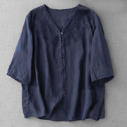 Buddha Stones Artistic Pure Color Embroiderd Front Button Design Women's Cotton Half Sleeve Shirt Cardigan