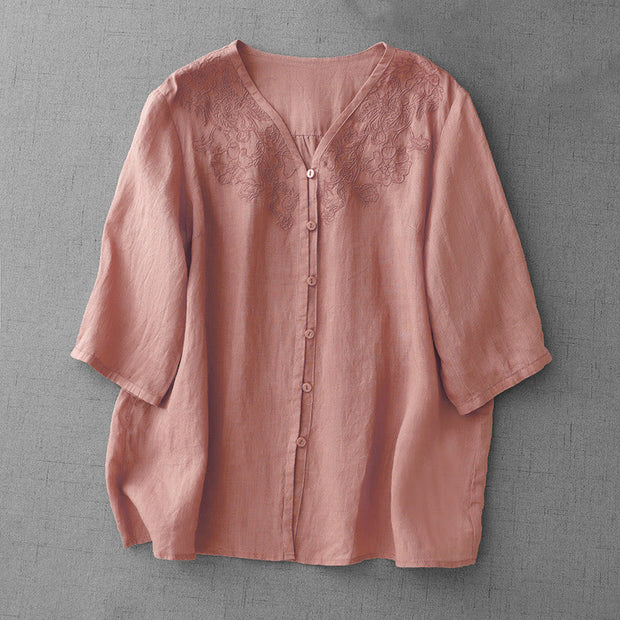 Buddha Stones Artistic Pure Color Embroiderd Front Button Design Women's Cotton Half Sleeve Shirt Cardigan