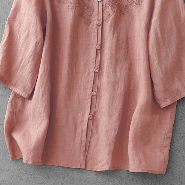 Buddha Stones Artistic Pure Color Embroiderd Front Button Design Women's Cotton Half Sleeve Shirt Cardigan
