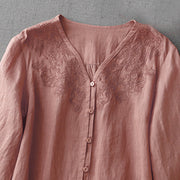 Buddha Stones Artistic Pure Color Embroiderd Front Button Design Women's Cotton Half Sleeve Shirt Cardigan