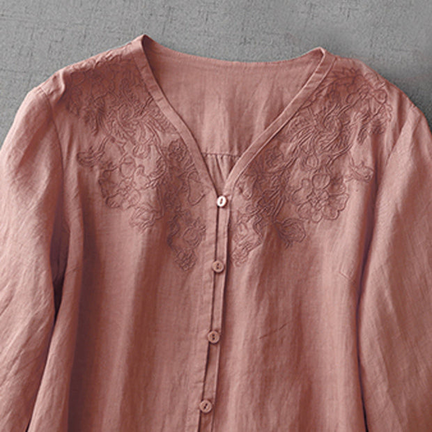 Buddha Stones Artistic Pure Color Embroiderd Front Button Design Women's Cotton Half Sleeve Shirt Cardigan
