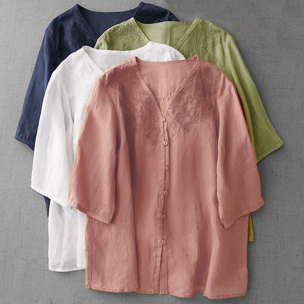 Buddha Stones Artistic Pure Color Embroiderd Front Button Design Women's Cotton Half Sleeve Shirt Cardigan