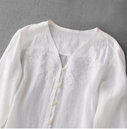 Buddha Stones Artistic Pure Color Embroiderd Front Button Design Women's Cotton Half Sleeve Shirt Cardigan