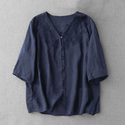 Buddha Stones Artistic Pure Color Embroiderd Front Button Design Women's Cotton Half Sleeve Shirt Cardigan