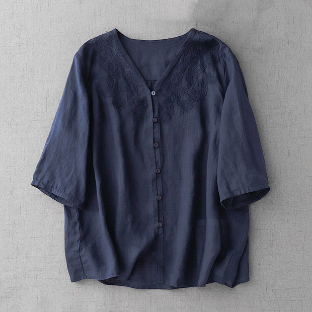 Buddha Stones Artistic Pure Color Embroiderd Front Button Design Women's Cotton Half Sleeve Shirt Cardigan