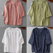 Buddha Stones Artistic Pure Color Embroiderd Front Button Design Women's Cotton Half Sleeve Shirt Cardigan