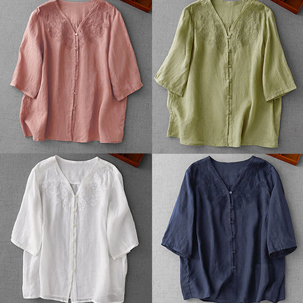 Buddha Stones Artistic Pure Color Embroiderd Front Button Design Women's Cotton Half Sleeve Shirt Cardigan
