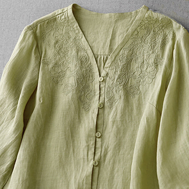 Buddha Stones Artistic Pure Color Embroiderd Front Button Design Women's Cotton Half Sleeve Shirt Cardigan
