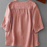 Buddha Stones Artistic Pure Color Embroiderd Front Button Design Women's Cotton Half Sleeve Shirt Cardigan