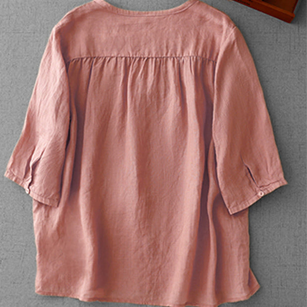 Buddha Stones Artistic Pure Color Embroiderd Front Button Design Women's Cotton Half Sleeve Shirt Cardigan