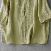 Buddha Stones Artistic Pure Color Embroiderd Front Button Design Women's Cotton Half Sleeve Shirt Cardigan