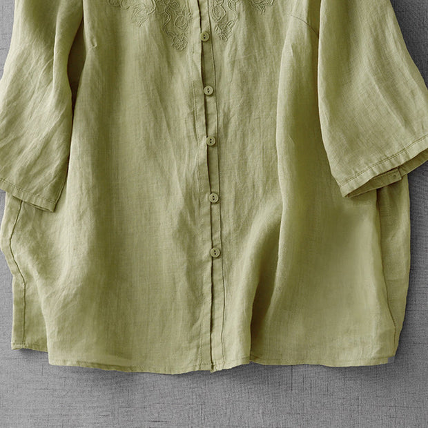 Buddha Stones Artistic Pure Color Embroiderd Front Button Design Women's Cotton Half Sleeve Shirt Cardigan