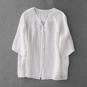 Buddha Stones Artistic Pure Color Embroiderd Front Button Design Women's Cotton Half Sleeve Shirt Cardigan